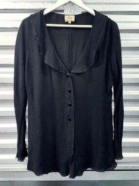 VALENTINO Vintage Black Ruffle Collar Button Up Shirt Relaxed Fit SZ 8 Blouse